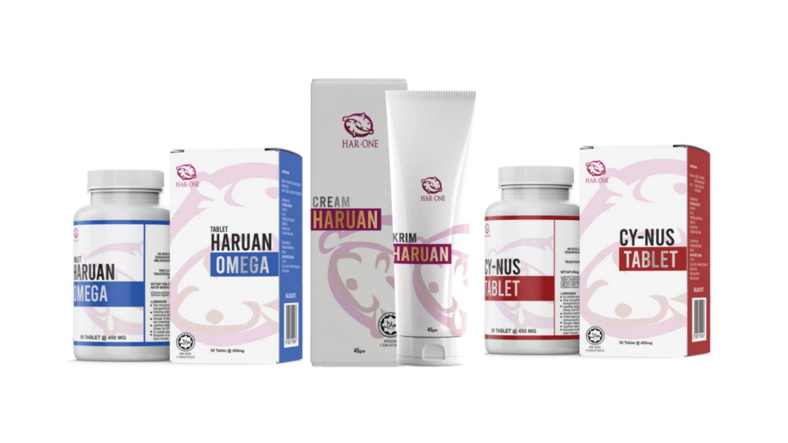 MiVitality Haruan-based product range: Tablet Haruan Omega, Krim Haruan cream, and Tablet Cy-Nus